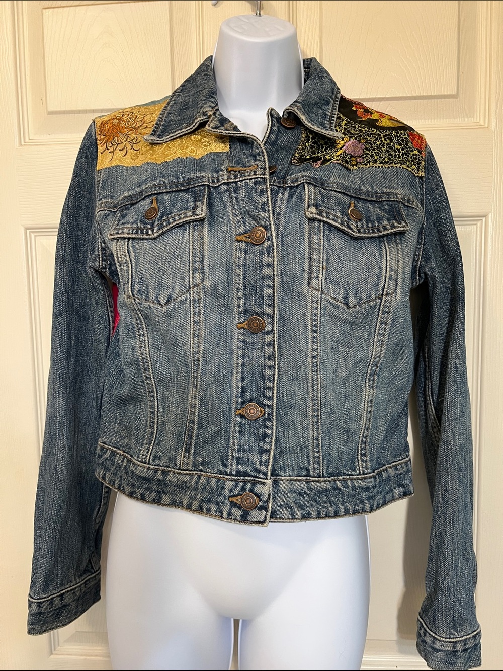 GAP Blue Denim Jacket with Multicolor Embroidered Shoulder Panels